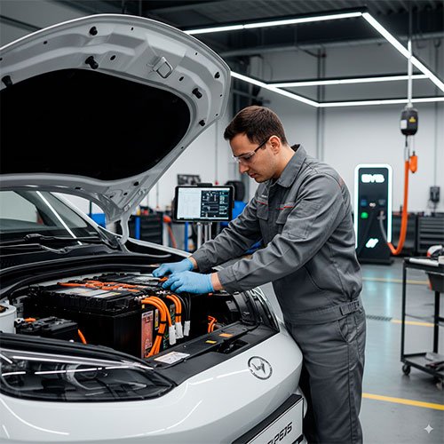 Técnico especializado realizando manutenção em um veículo elétrico na Qualis Pneus